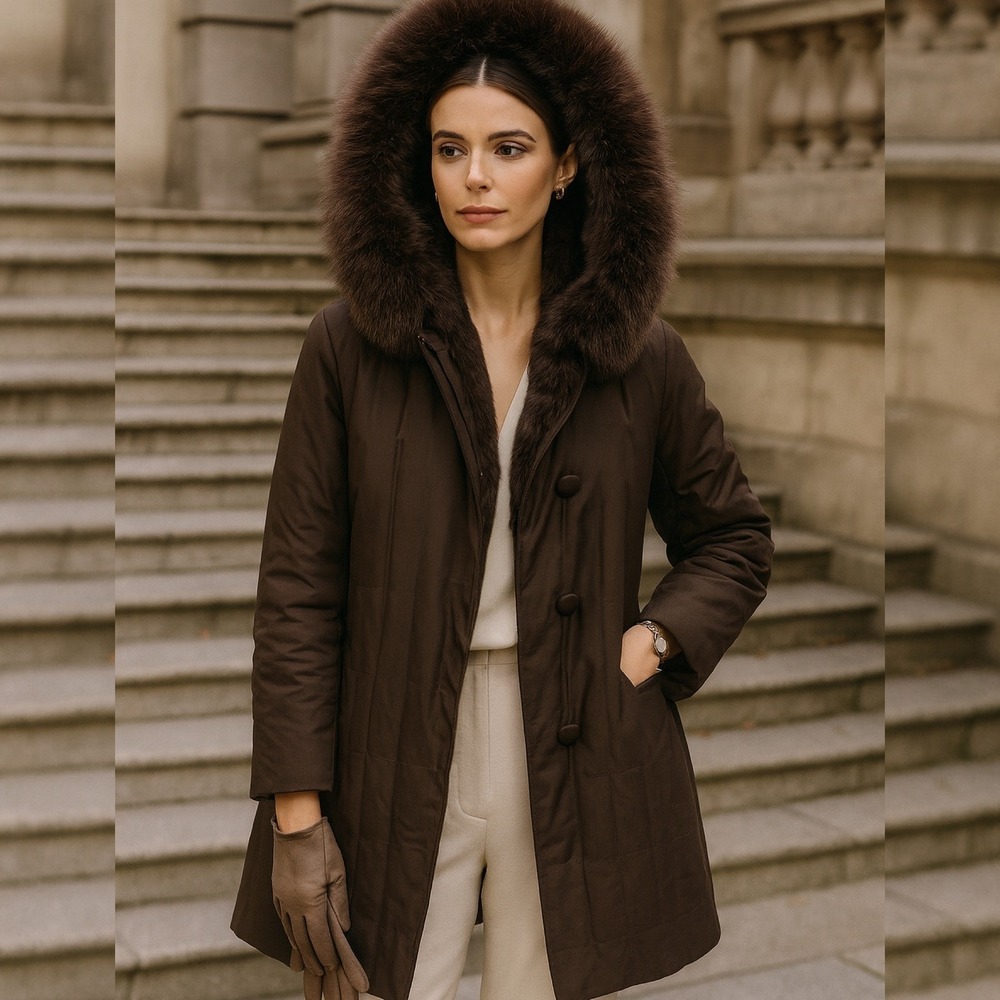 Vintage Real Fur Lined Coat Thinsulate‎ Insulated Hooded Brown Women